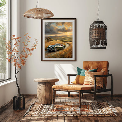 AquilVision vintage roadster oil painting hanging in a cozy living room with an orange chair and wooden decor