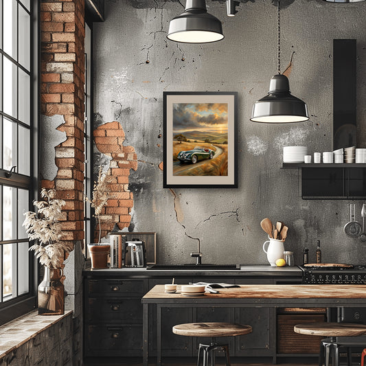 Vintage roadster oil painting by AquilVision framed on wall in modern industrial kitchen setting