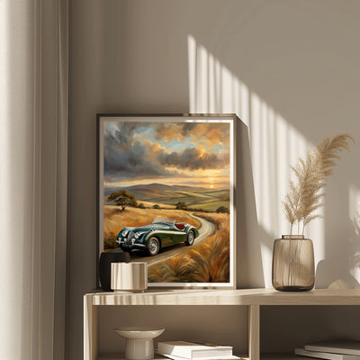 Vintage roadster oil painting by AquilVision depicting a classic green car on a winding country road at sunset