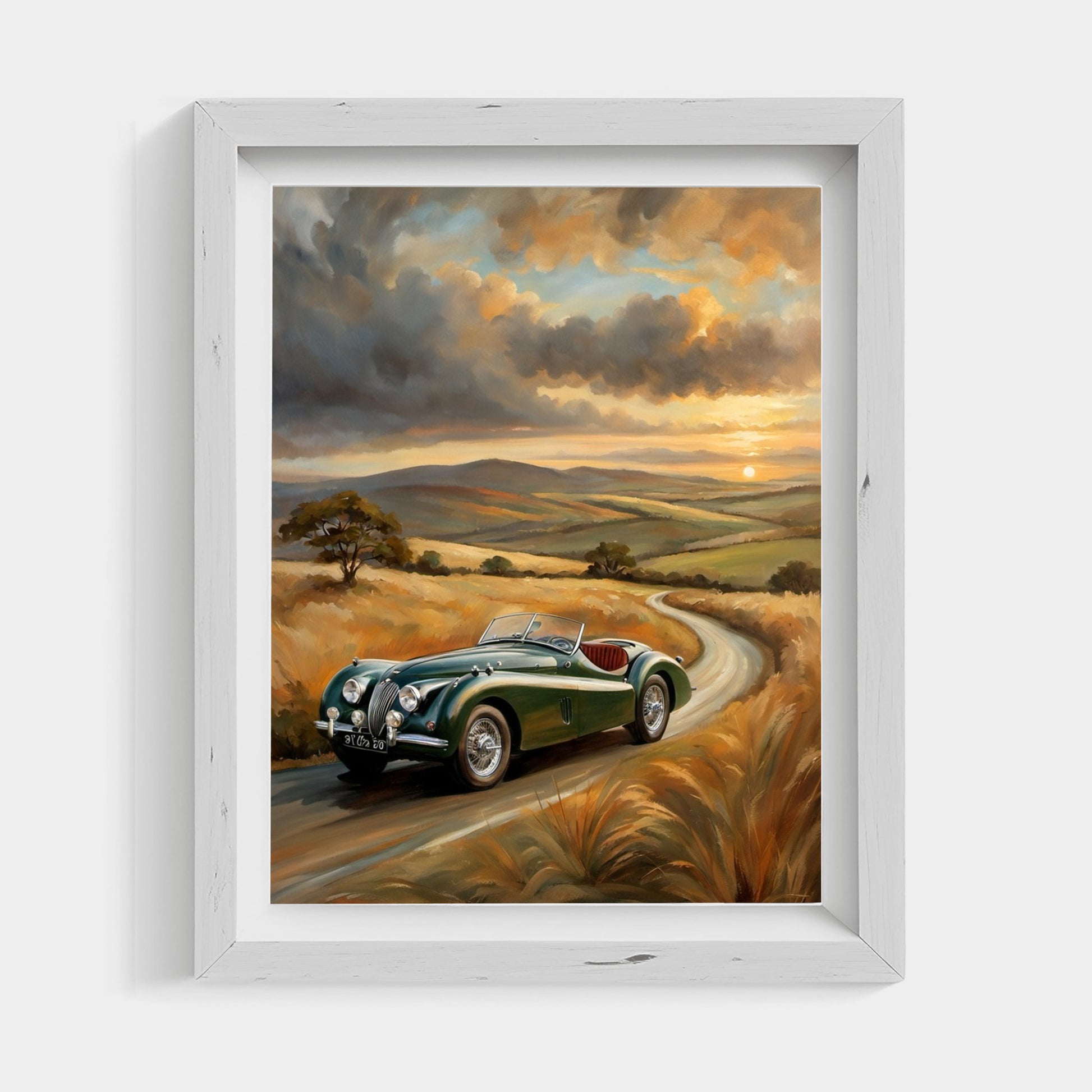 Vintage roadster oil painting of a green classic car on a winding country road at sunset