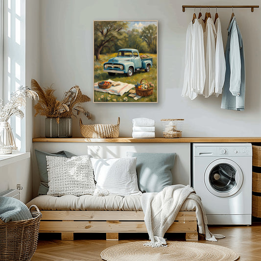 Cozy laundry room with vintage spring nature decor digital artwork of blue truck and picnic scene above bench