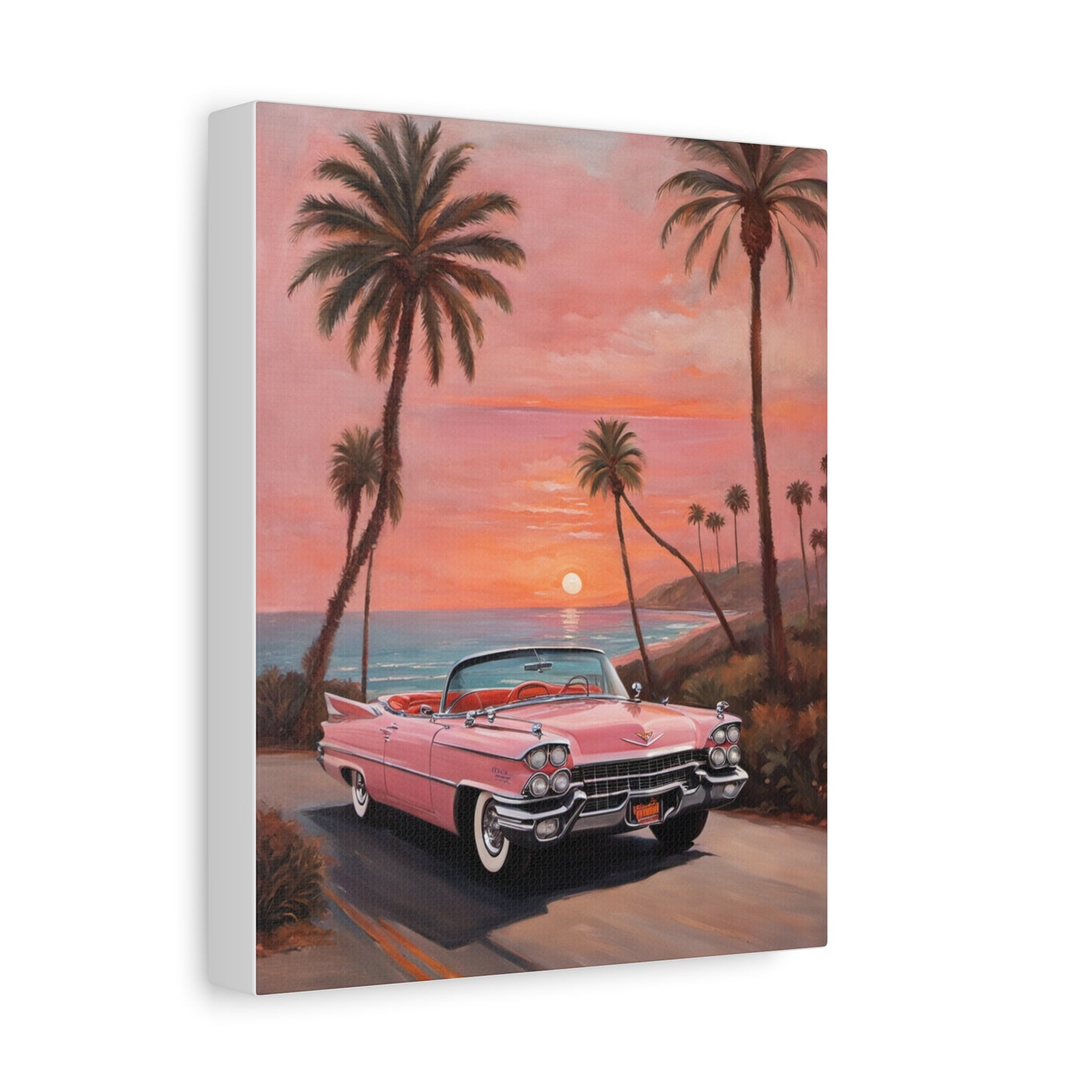 Vintage Sunset Car Canvas Art Print featuring a classic pink car against a beautiful sunset backdrop