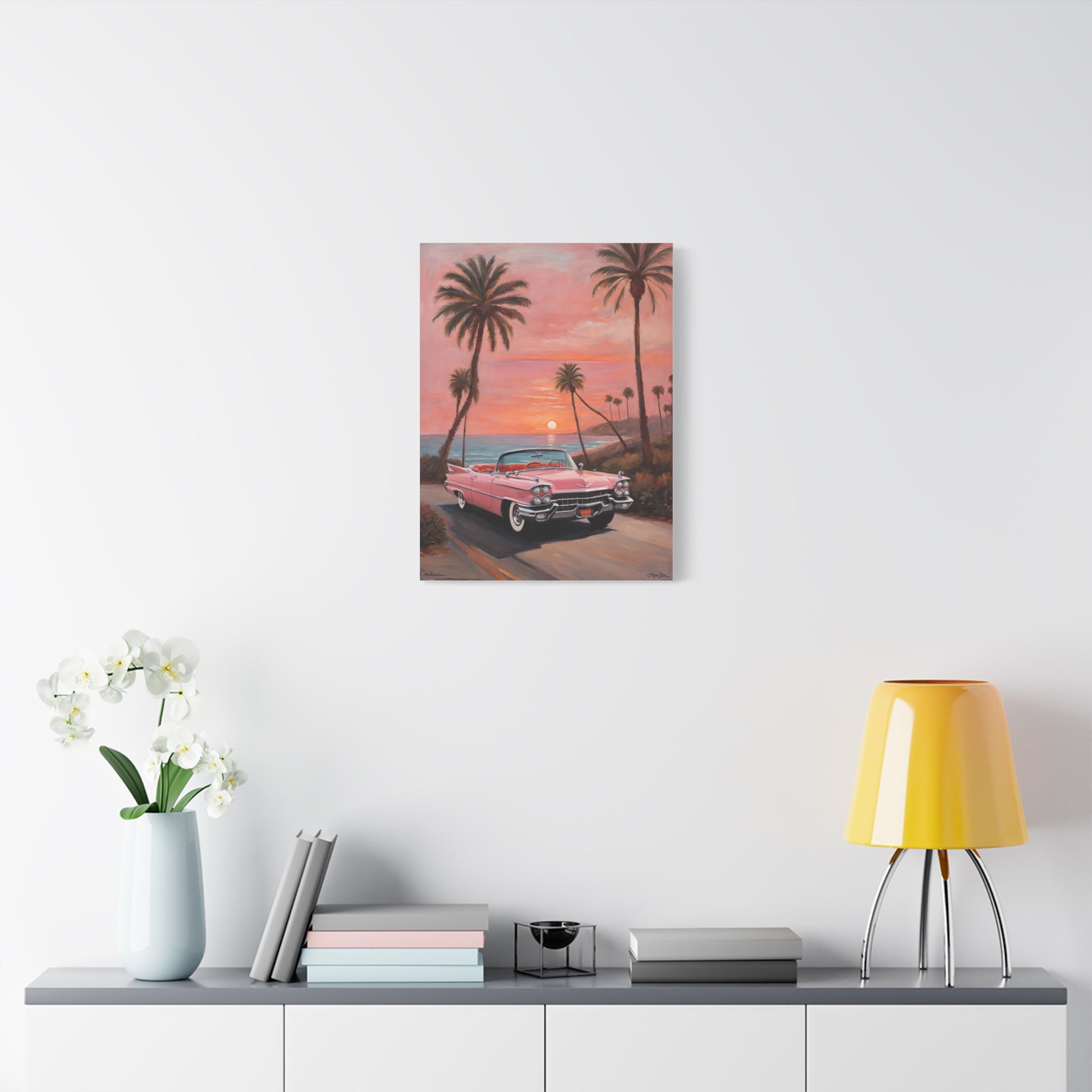 Vintage Sunset Car Canvas Art Print featuring a classic car with palm trees in a vibrant sunset scene