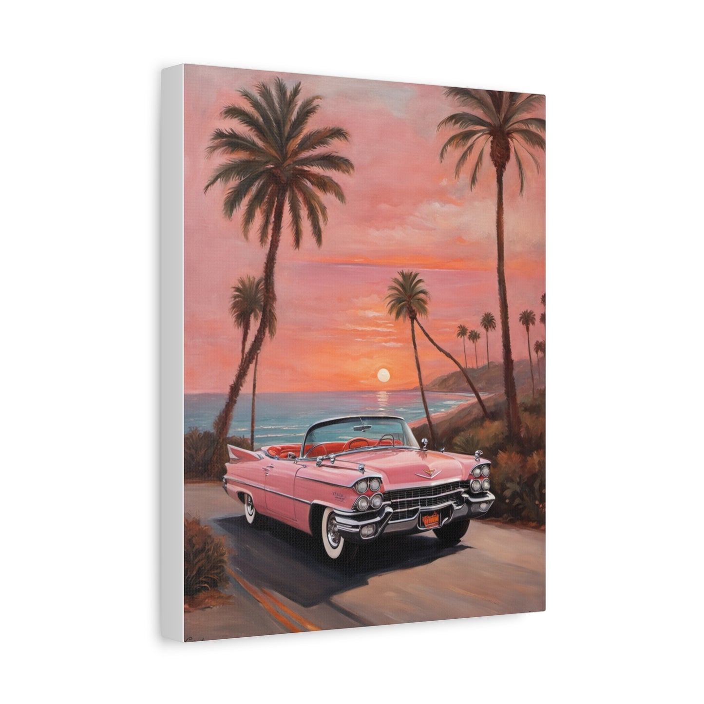 Vintage Sunset Car Canvas Art Print featuring a classic pink convertible against a sunset backdrop
