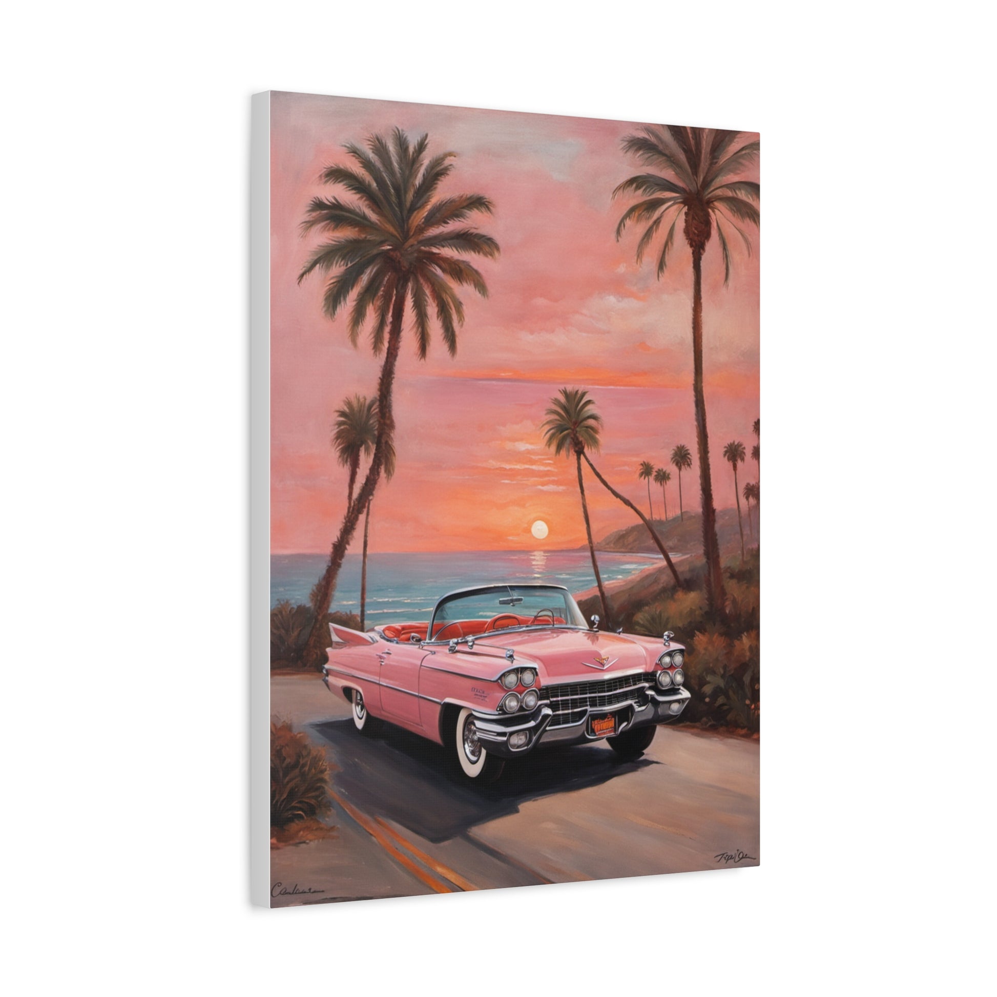 Vintage Sunset Car Canvas Art Print featuring a classic pink convertible against a tropical sunset backdrop
