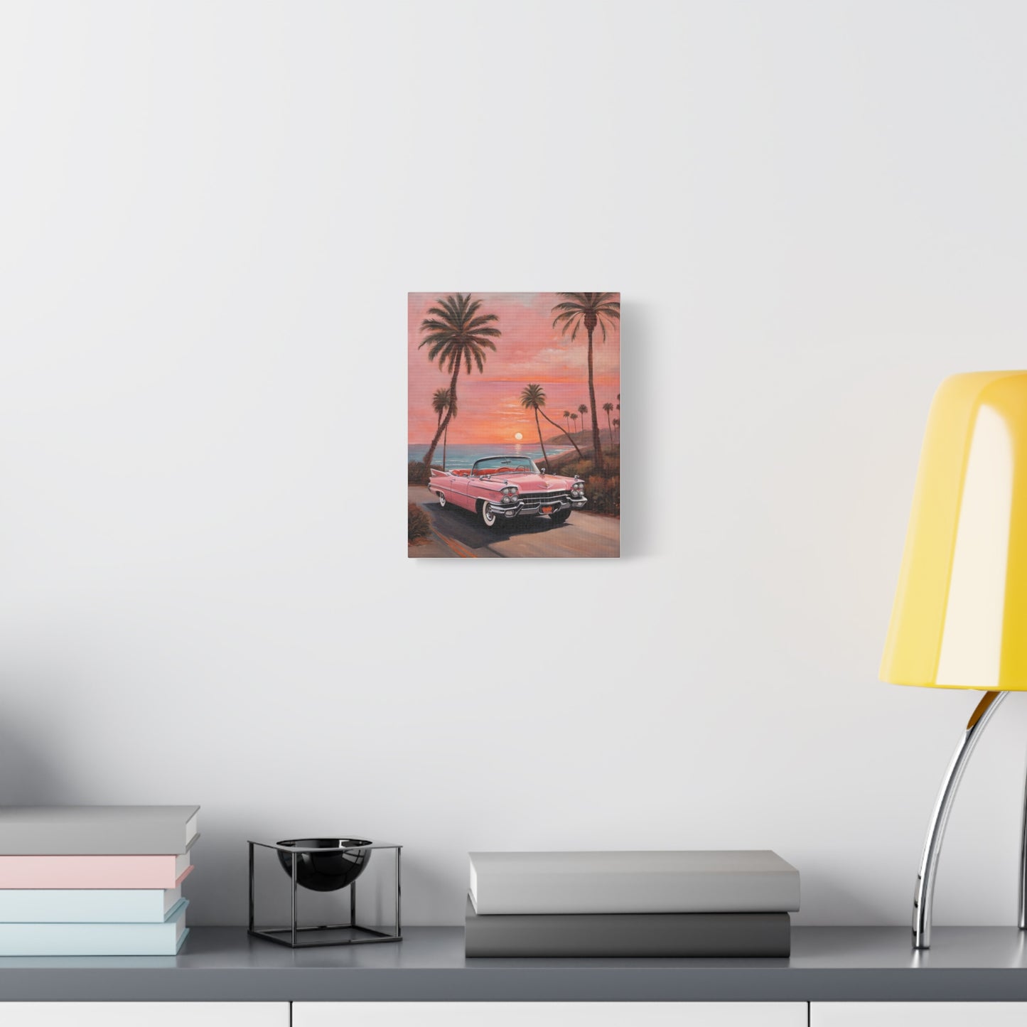Vintage Sunset Car Canvas Art Print featuring a classic car against a vibrant sunset and palm trees
