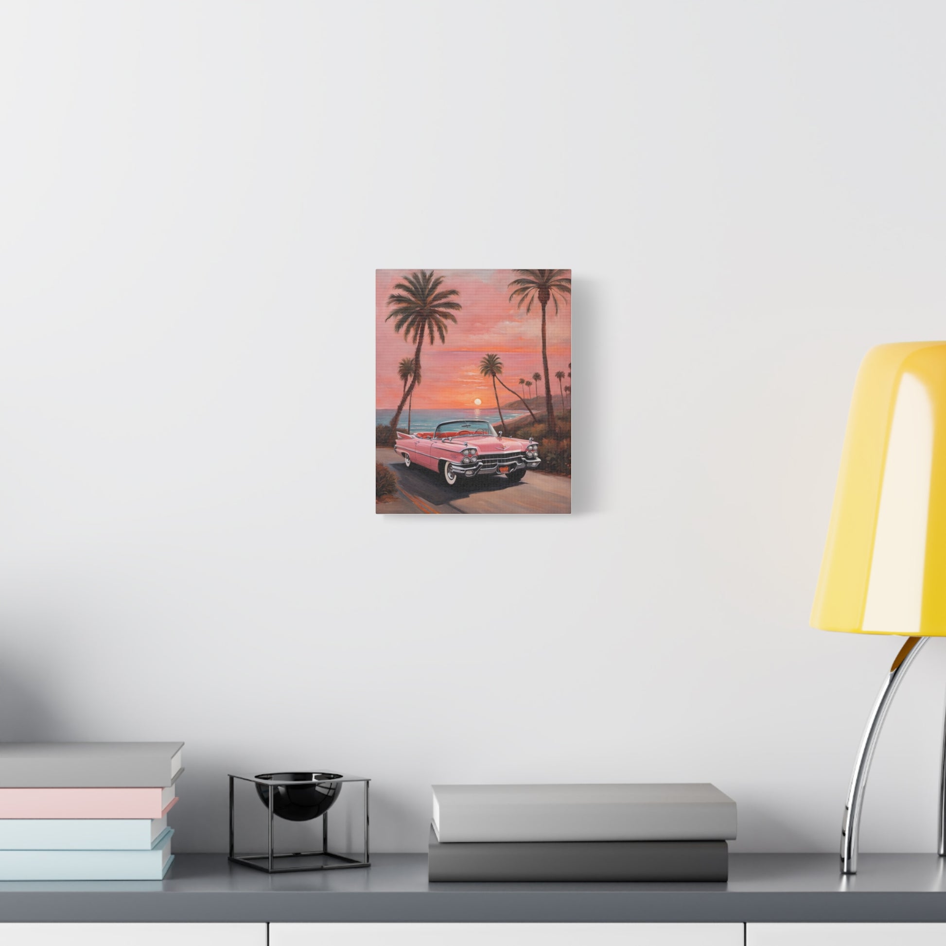 Vintage Sunset Car Canvas Art Print featuring a classic car against a vibrant sunset and palm trees