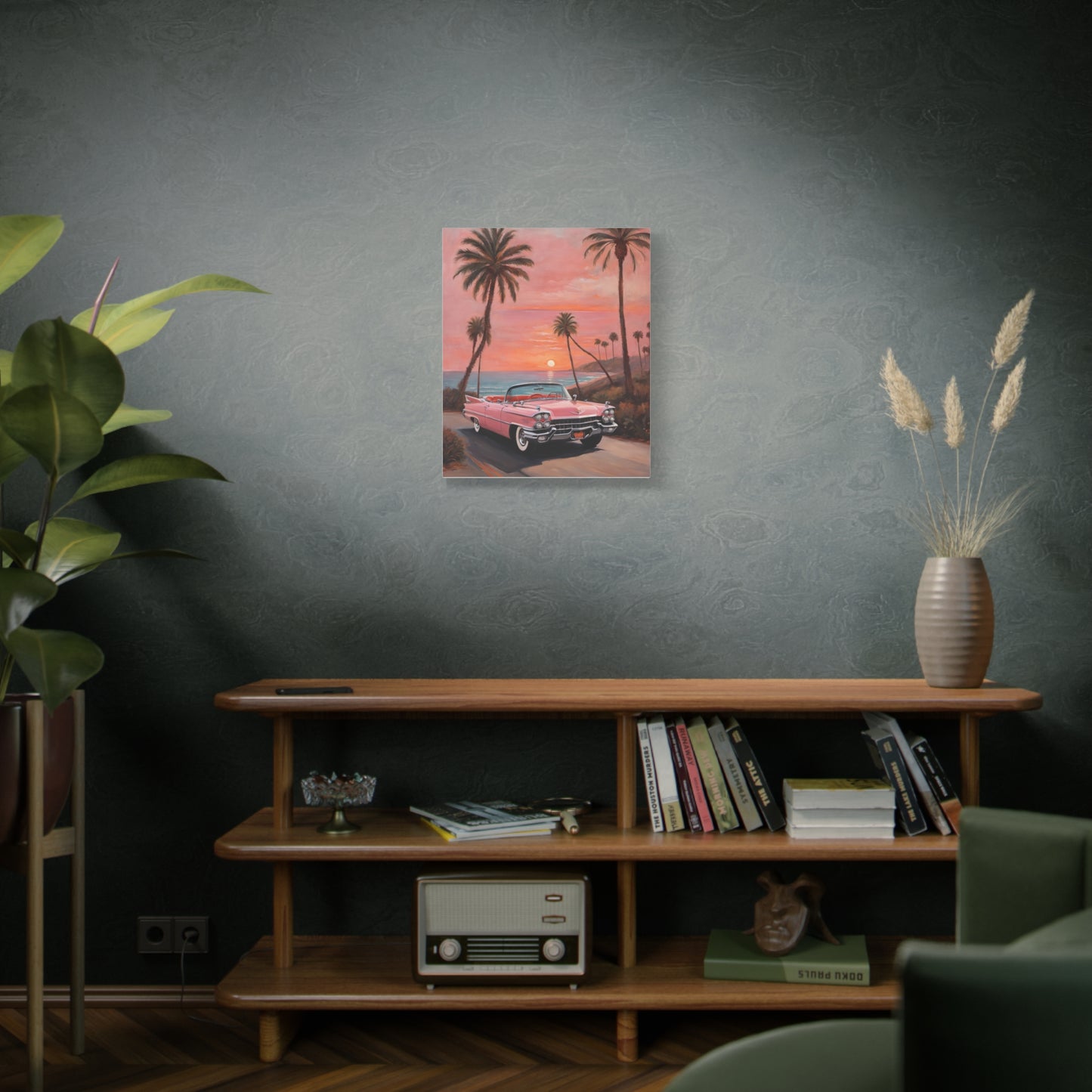 Vintage Sunset Car Canvas Art Print showcasing a classic car against a sunset and palm trees