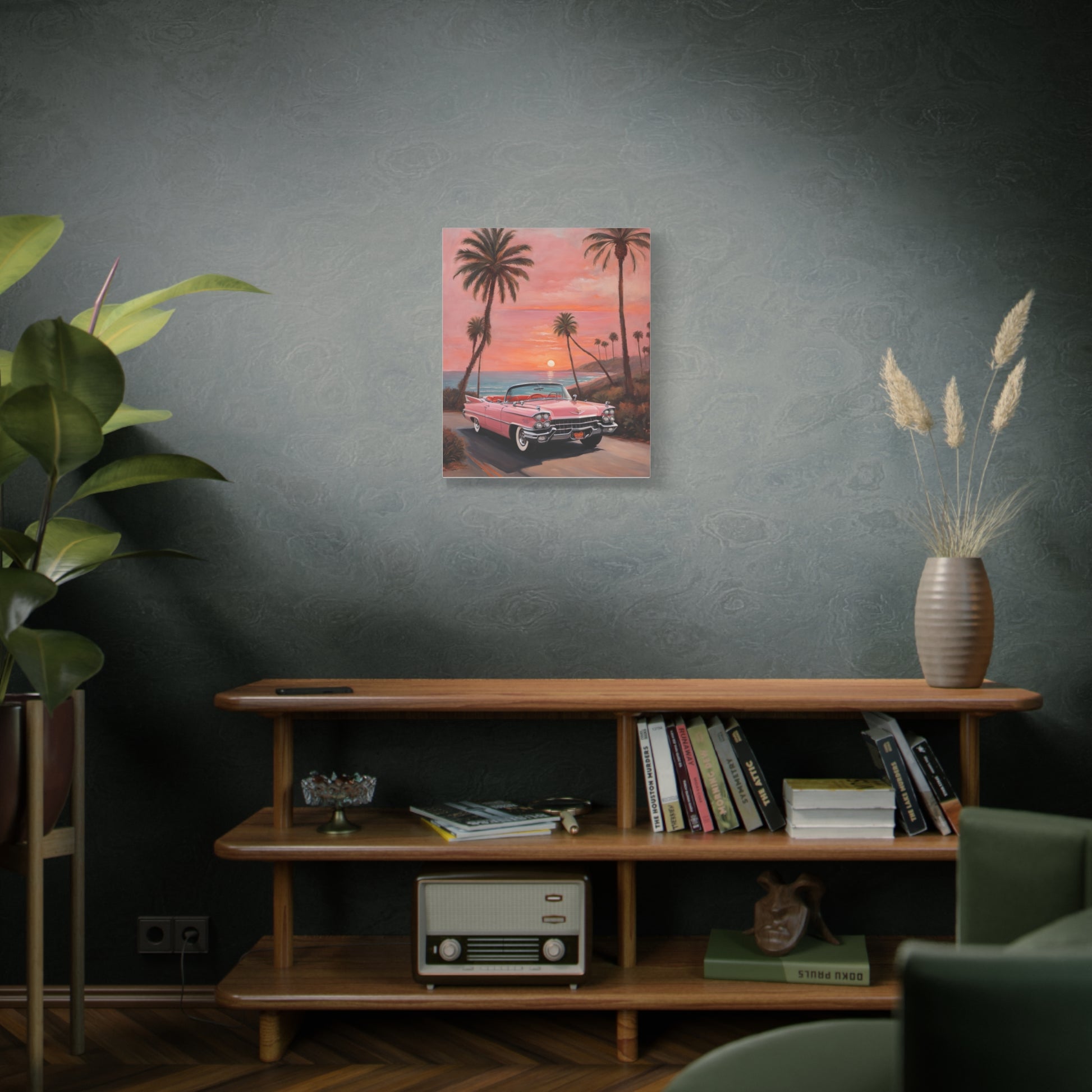 Vintage Sunset Car Canvas Art Print showcasing a classic car against a sunset and palm trees
