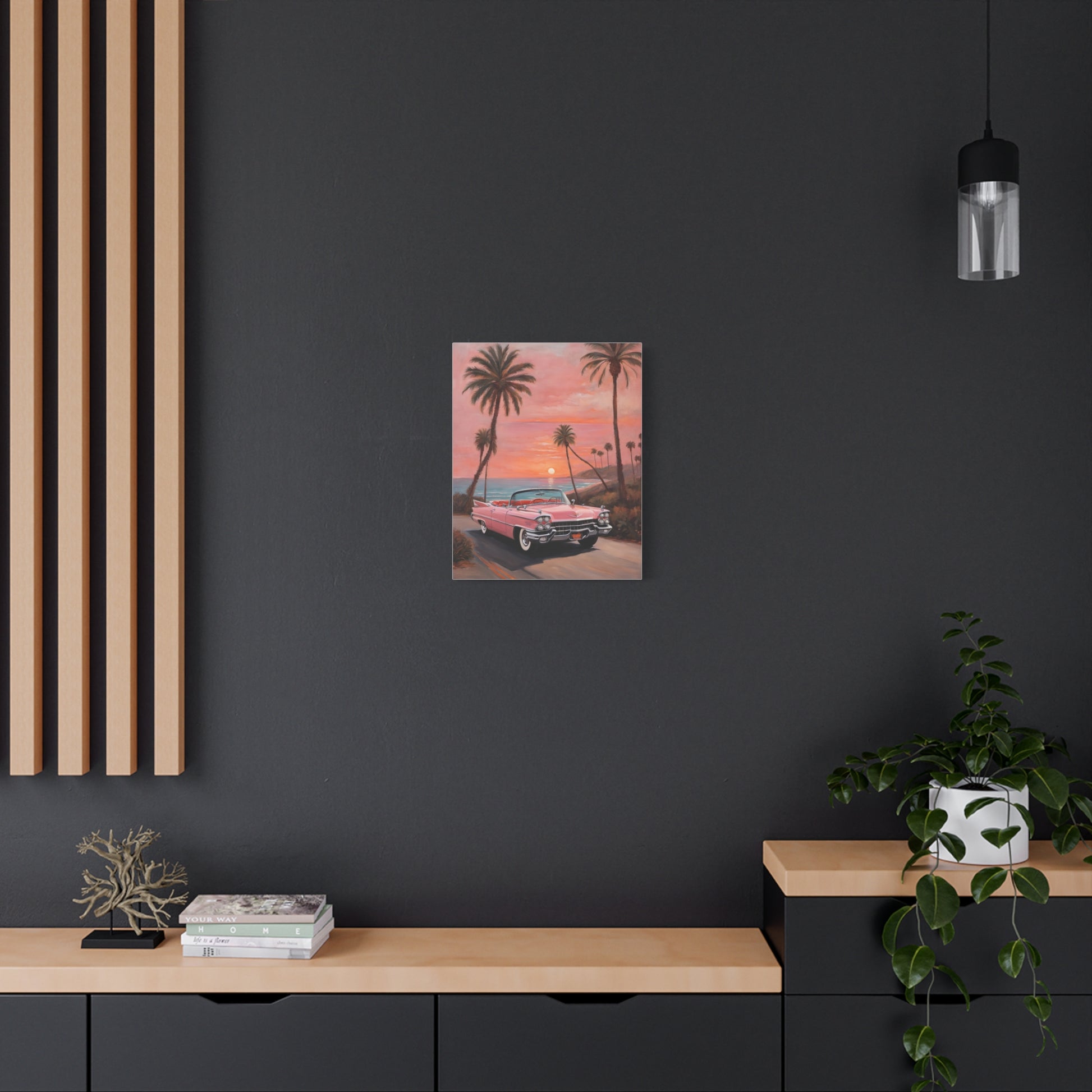 Vintage Sunset Car Canvas Art Print featuring a retro car amidst palm trees and a colorful sunset