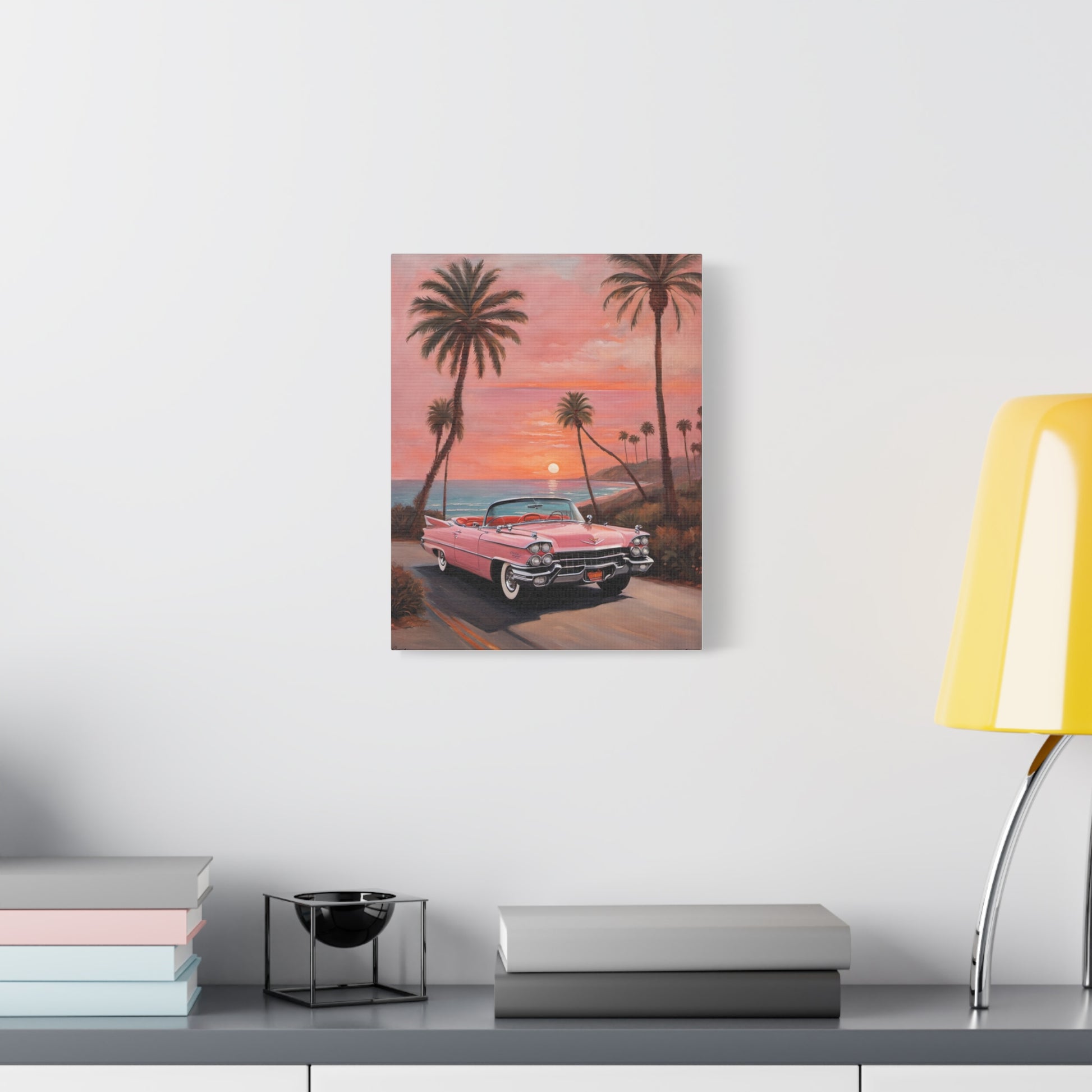 Vintage Sunset Car Canvas Art Print featuring a classic car with palm trees against a pink sunset backdrop