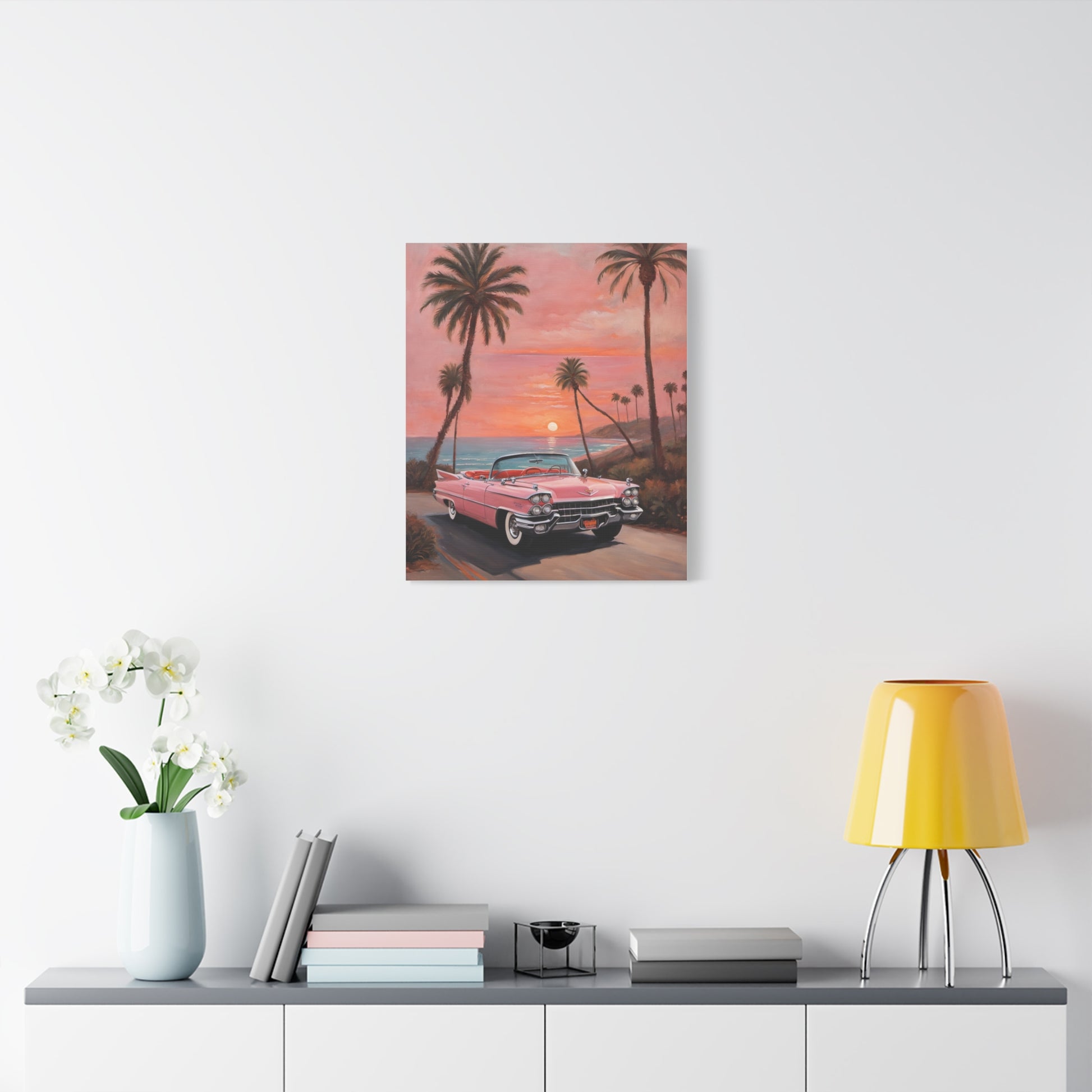 Vintage Sunset Car Canvas Art Print featuring a classic pink car by palm trees at dusk