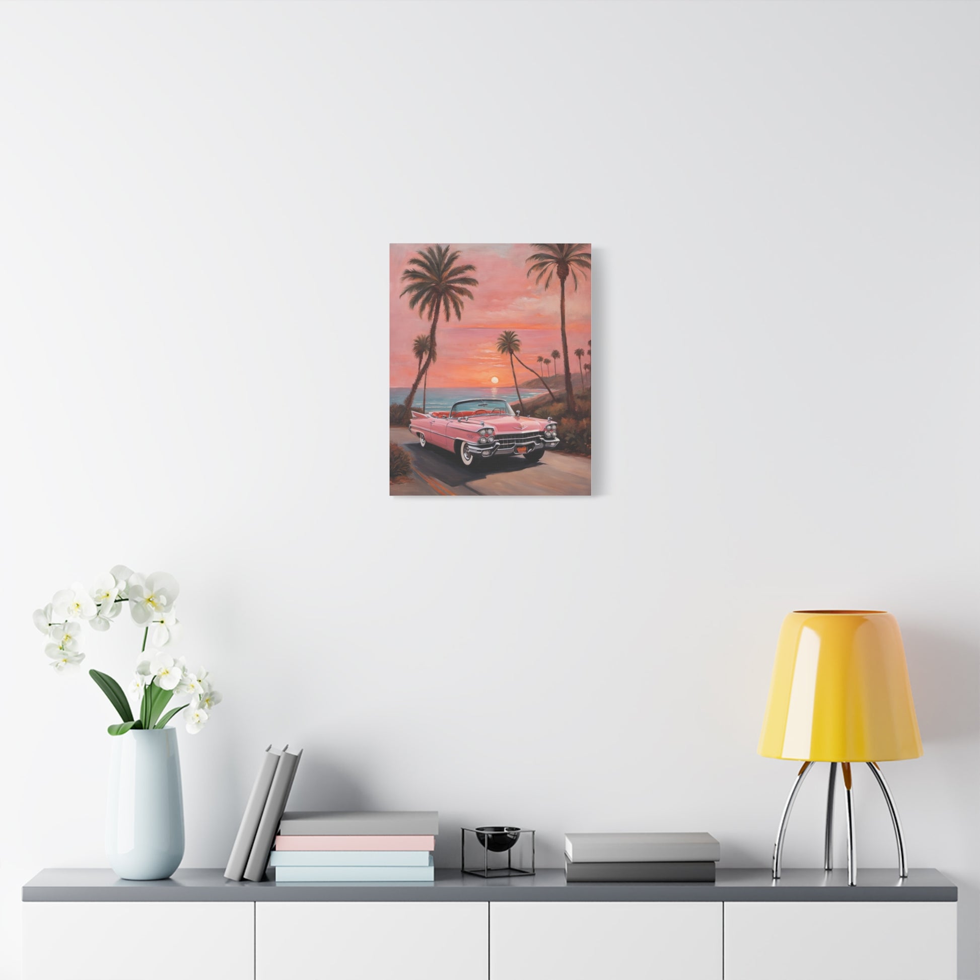 Vintage Sunset Car Canvas Art Print featuring a classic car against a colorful sunset and palm trees
