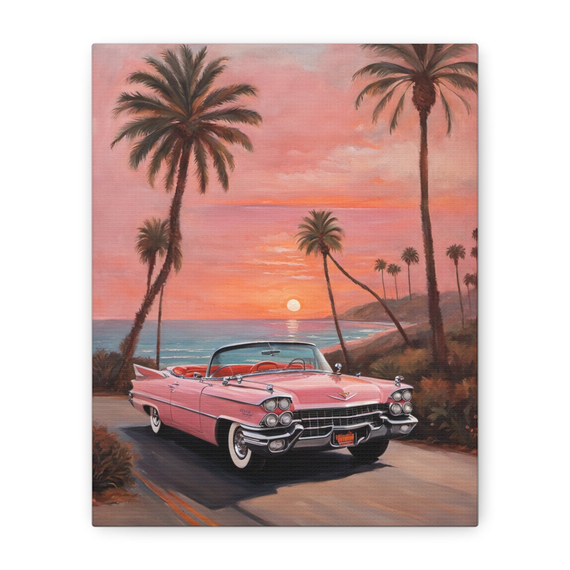 Vintage Sunset Car Canvas Art  featuring a pink convertible against a sunset beach scene