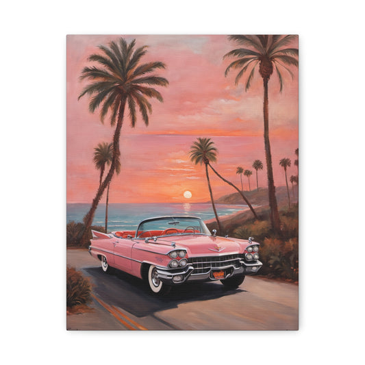 Retro Sunset Car Canvas Art Print featuring a pink classic car against a tropical sunset backdrop