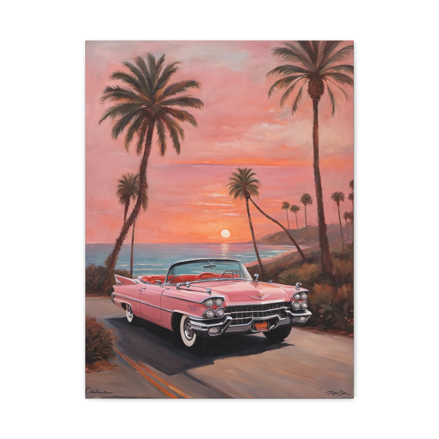 Vintage Sunset Car Canvas Art Print featuring a pink Cadillac by the ocean with palm trees and sunset