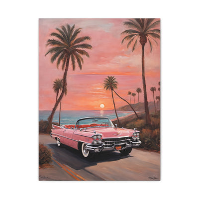 Vintage Sunset Car Canvas Art Print featuring a pink Cadillac by the ocean with palm trees and sunset