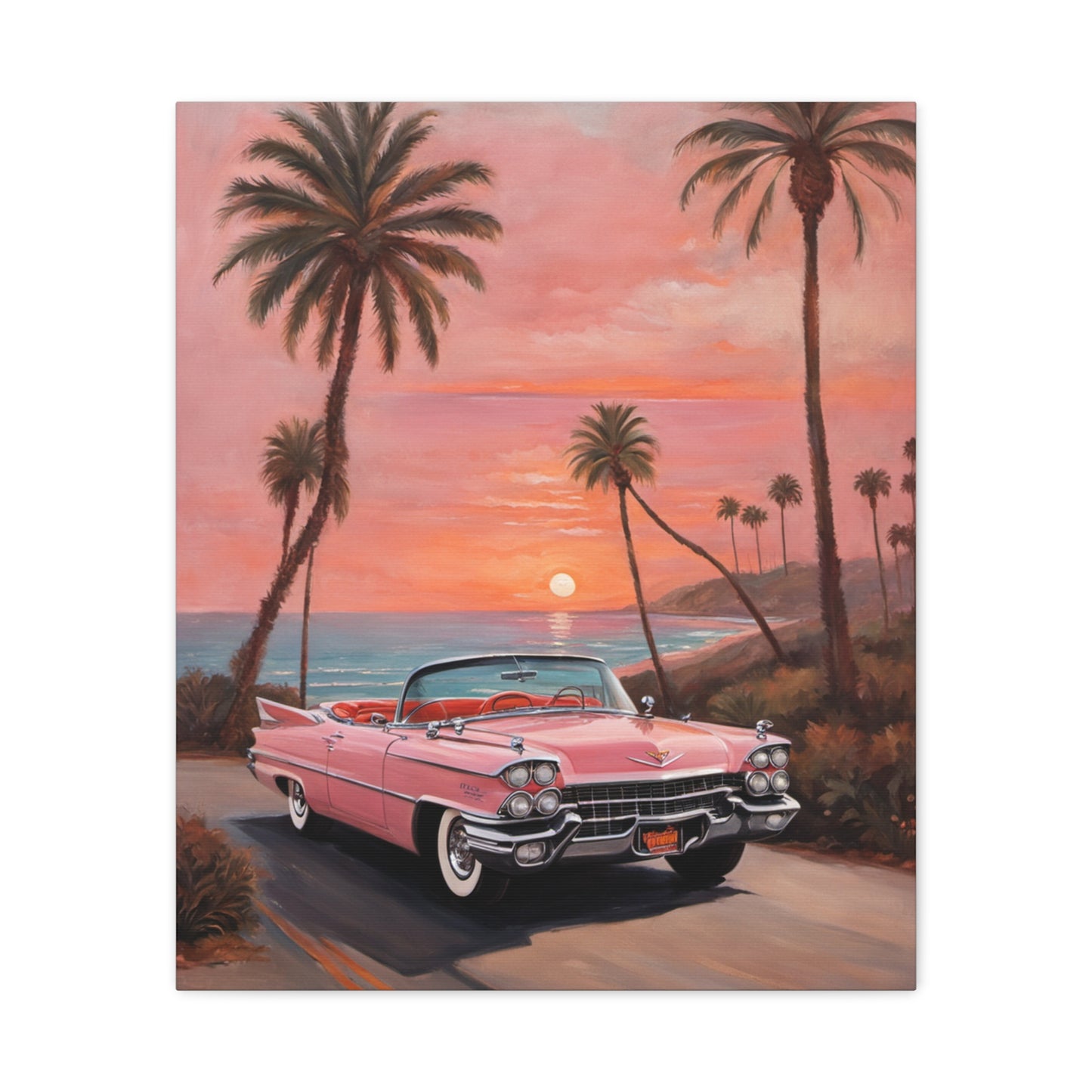 Nostalgic Sunset Car Canvas Art Print featuring a classic pink convertible against a tropical sunset backdrop