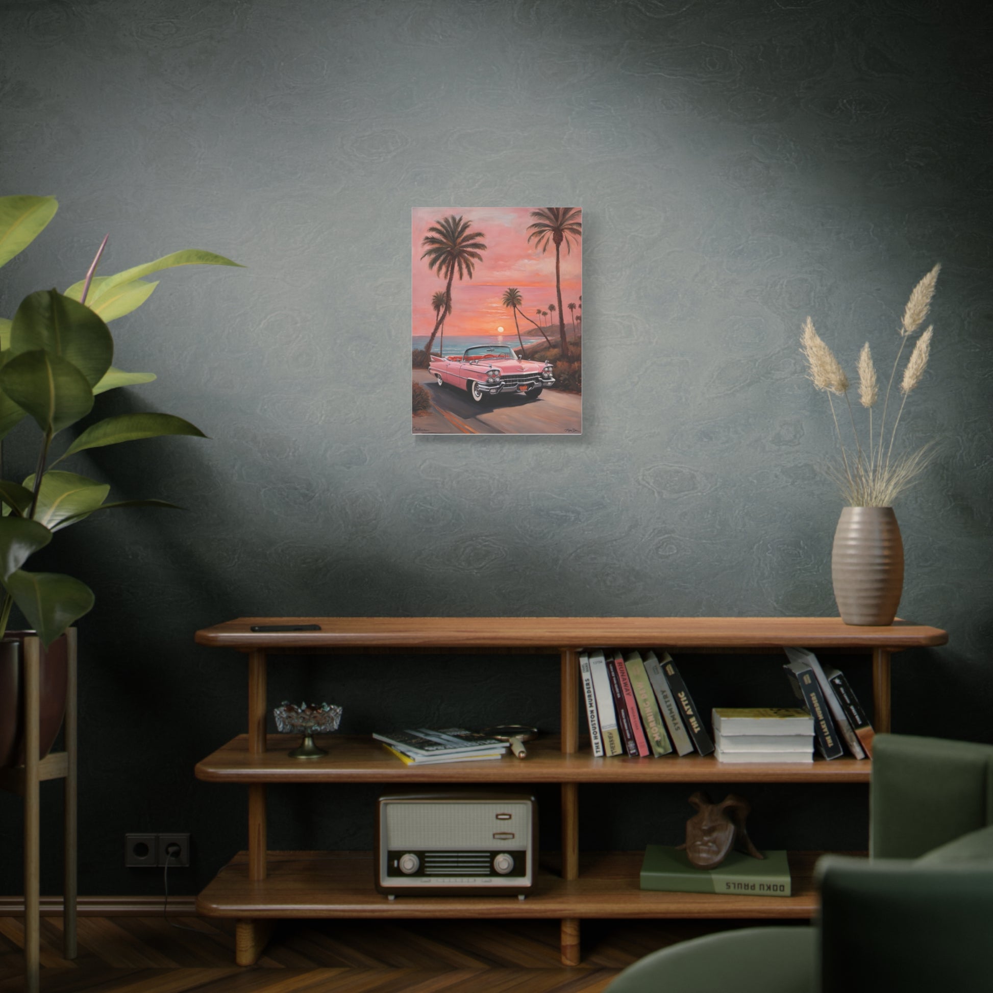 Vintage Sunset Car Canvas Art Print featuring a classic car with palm trees against a colorful sunset backdrop