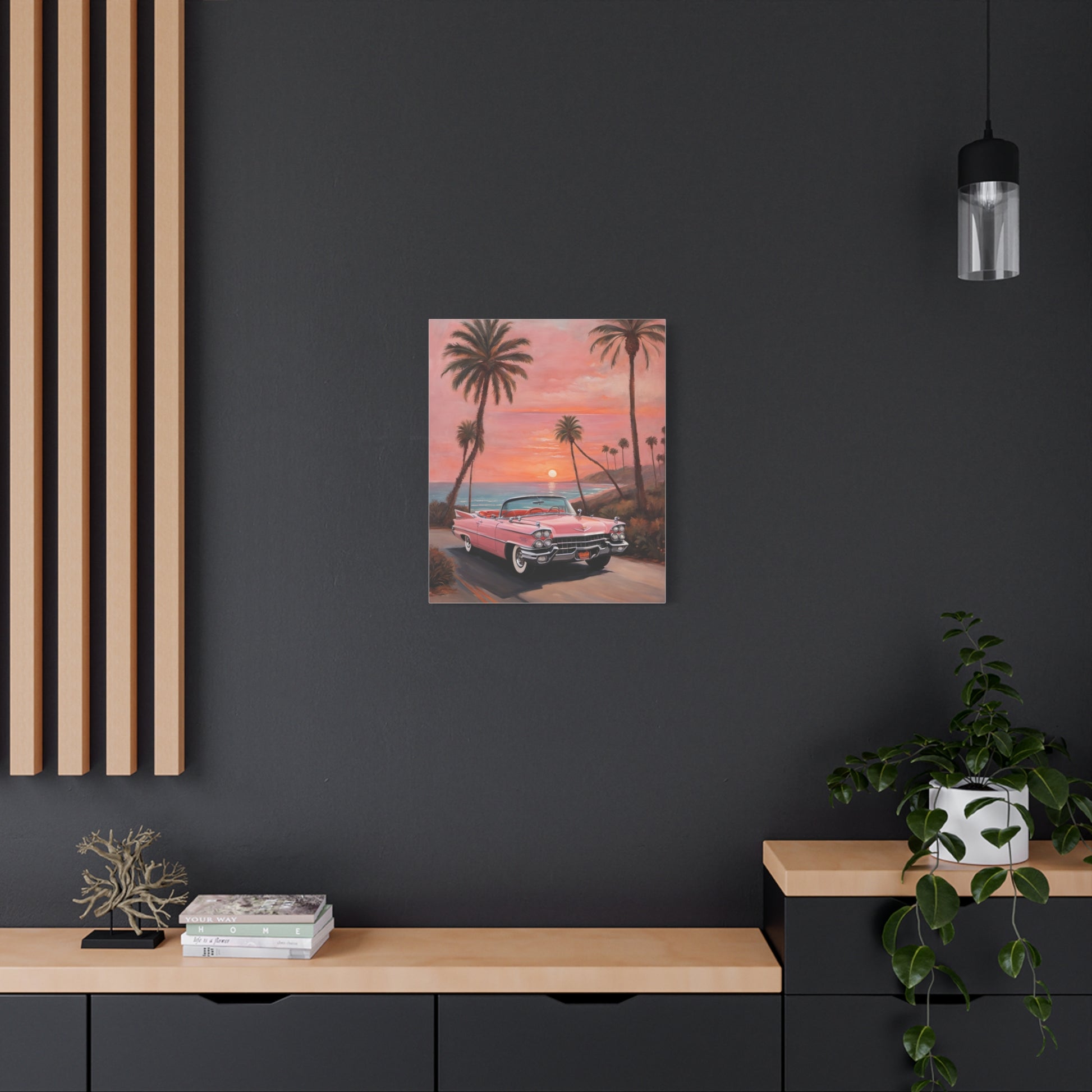 Vintage Sunset Car Canvas Art Print featuring a classic car with palm trees against a vibrant sunset backdrop