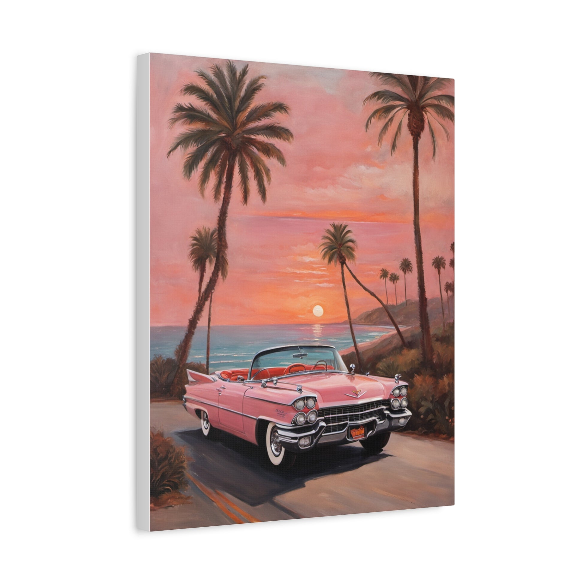 Vintage Sunset Car Canvas Art Print featuring a pink classic car against a tropical sunset backdrop