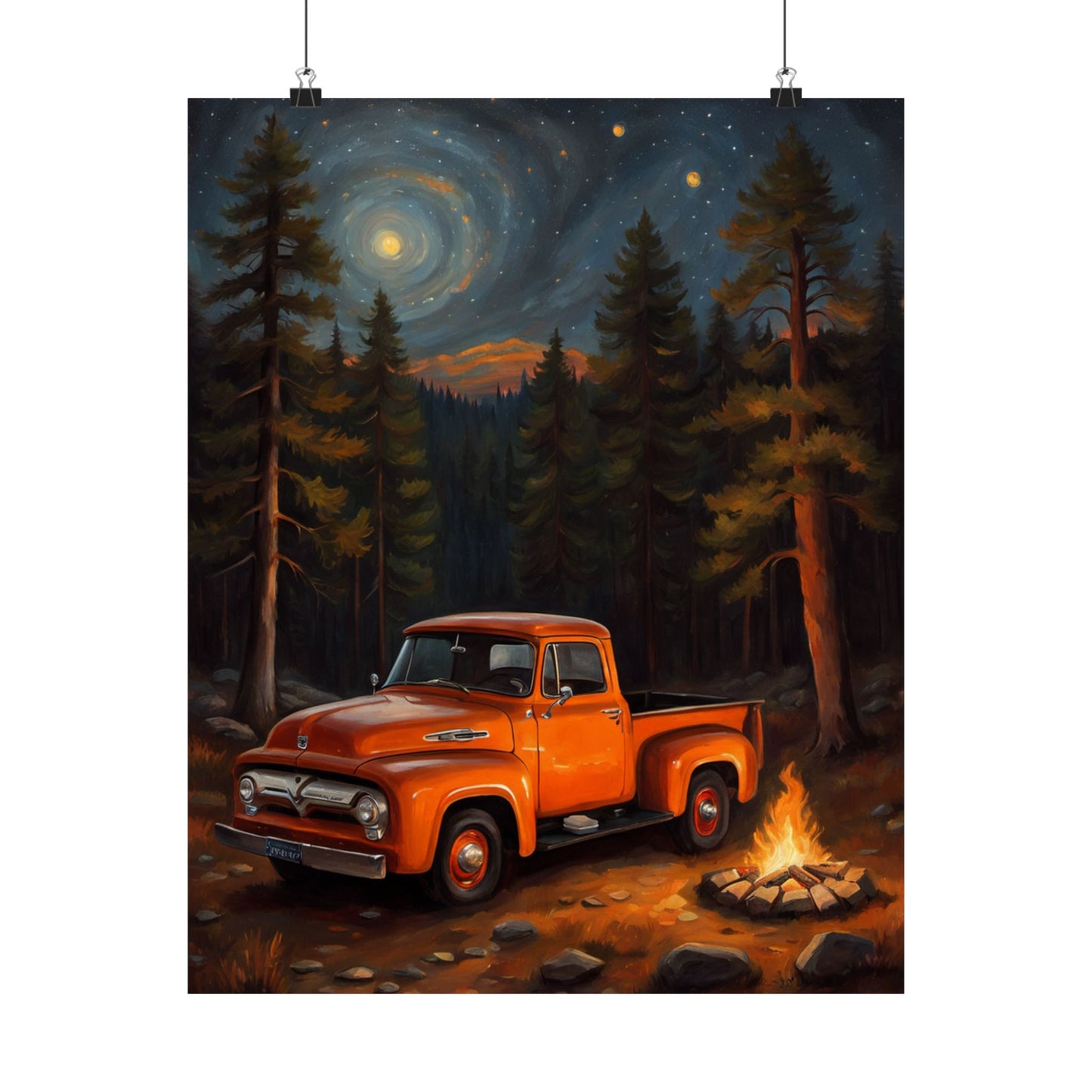 Vintage Truck Camping Poster featuring an orange truck in a forest with a campfire and starry sky