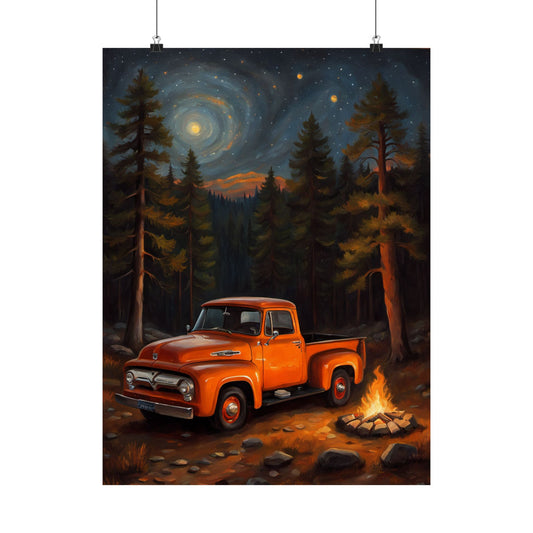 Vintage Truck Camping Poster featuring an orange truck near a campfire under a starry night sky