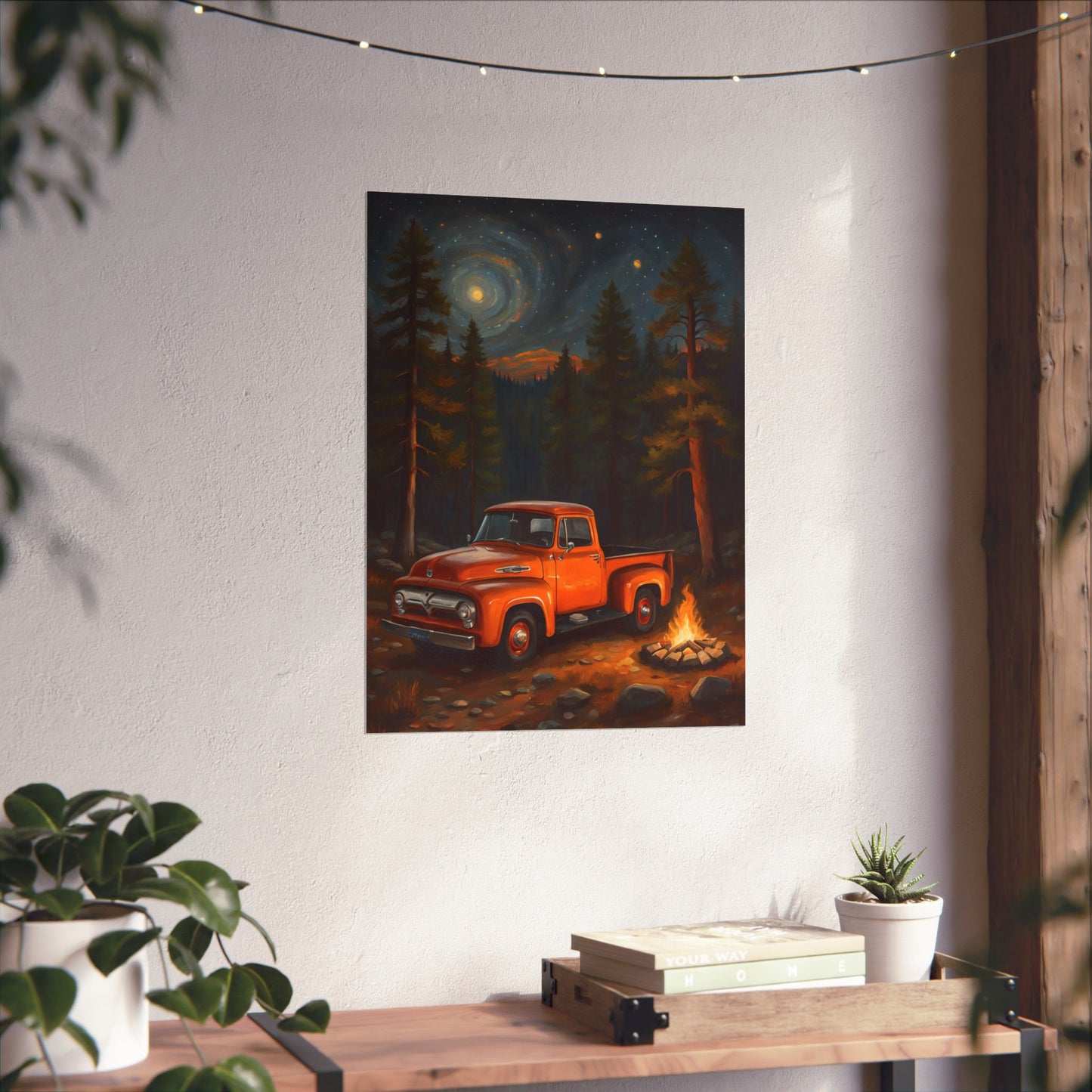 Vintage Truck Camping Poster featuring an orange truck by a campfire in a starry forest