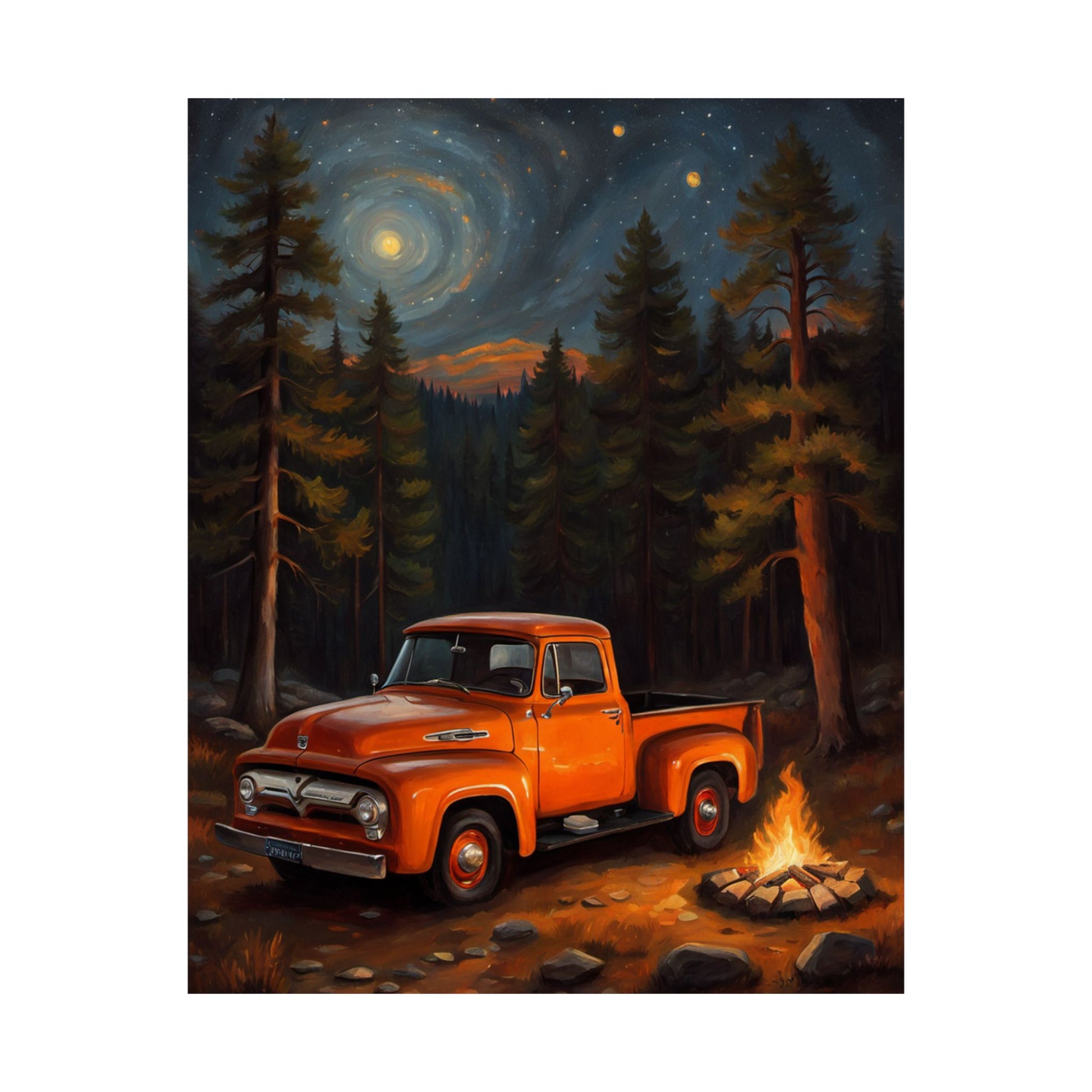 Vintage Truck Camping Poster featuring an orange truck by a campfire in a forested setting under a starry sky