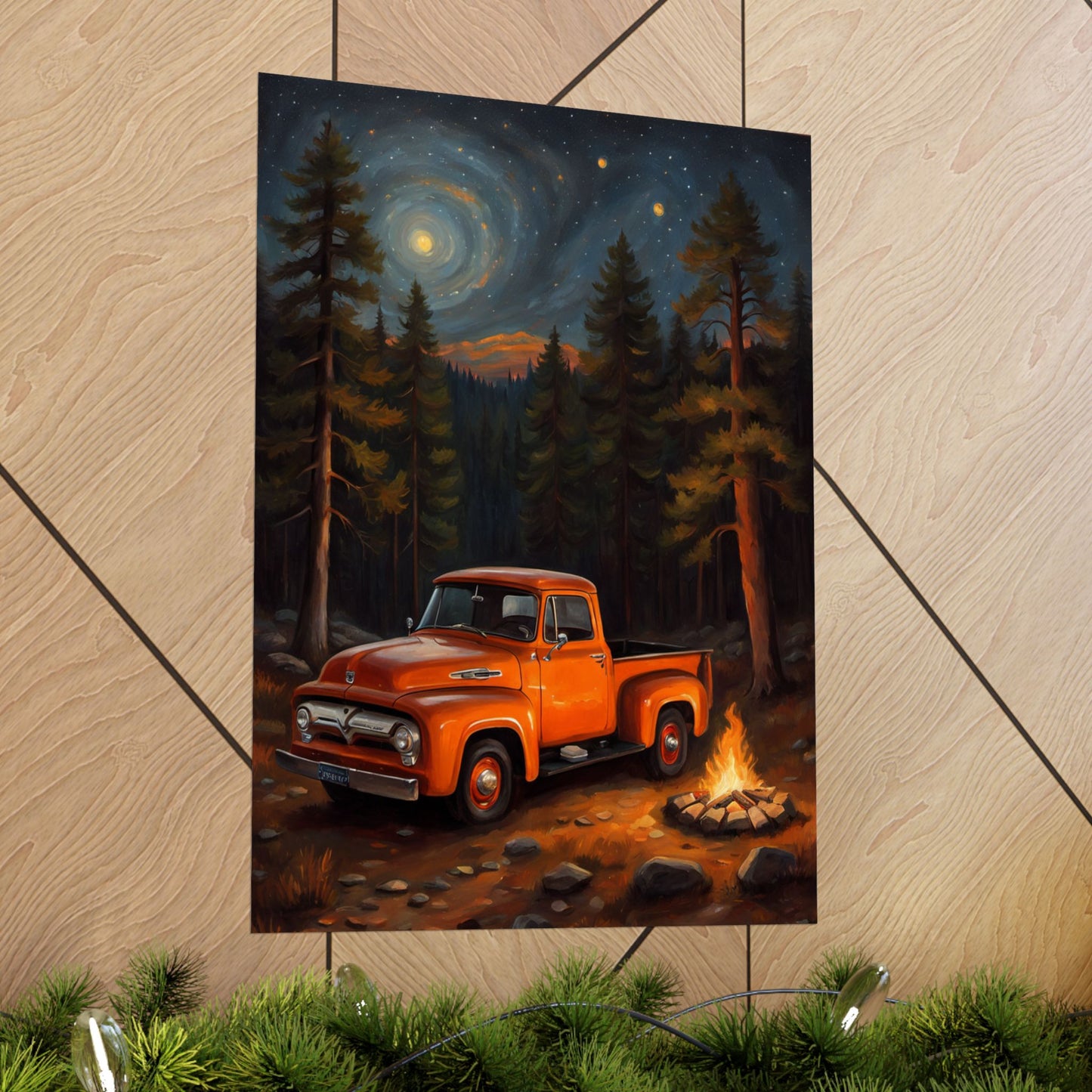 Vintage Truck Camping Poster featuring an orange truck by a campfire surrounded by pine trees at night