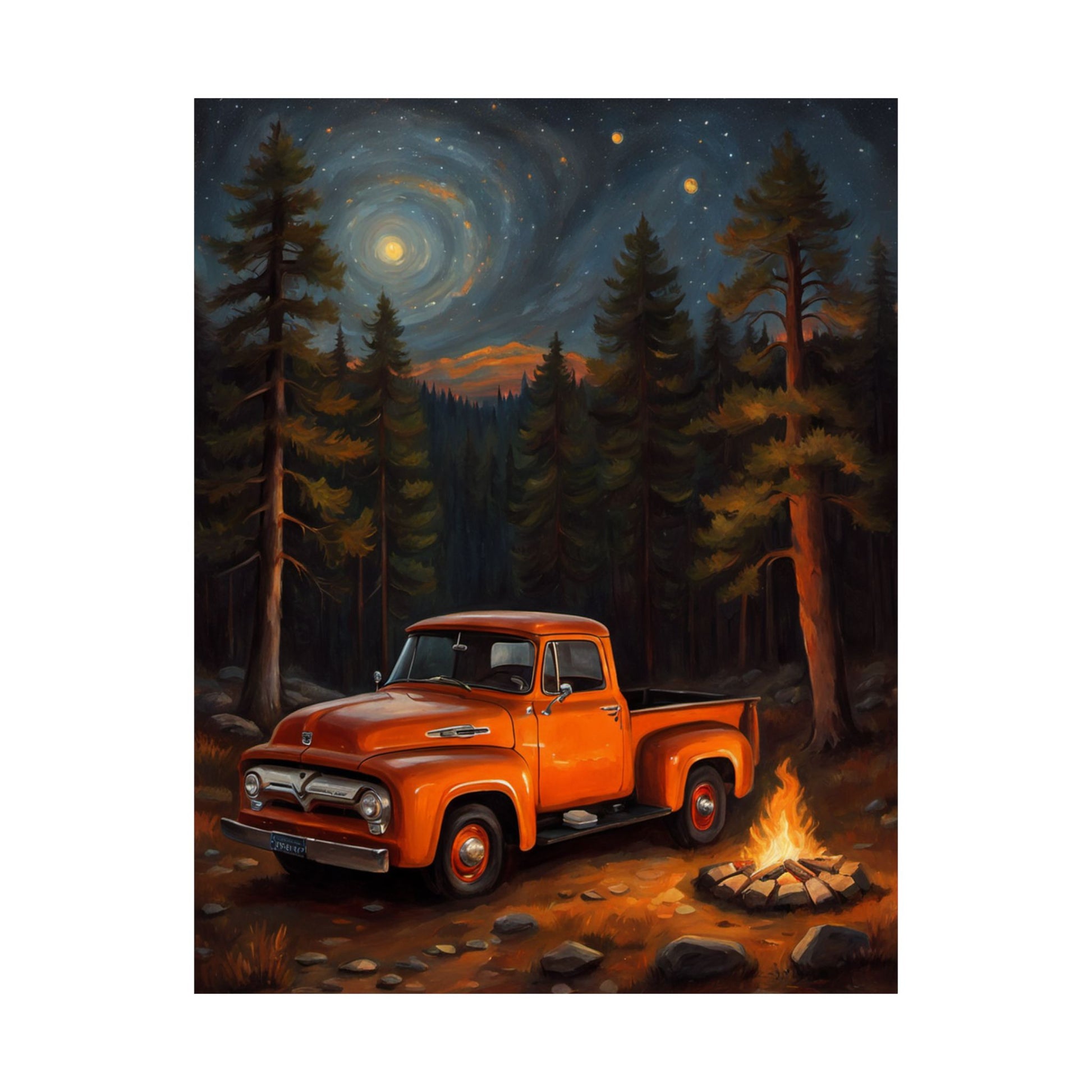Vintage Truck Camping Poster featuring an orange pickup truck by a campfire in a forest at night