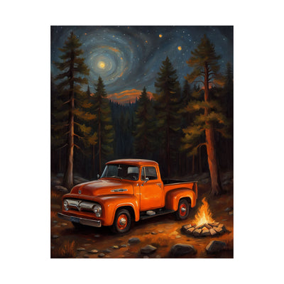 Vintage Truck Camping Poster featuring an orange pickup truck by a campfire in a forest at night