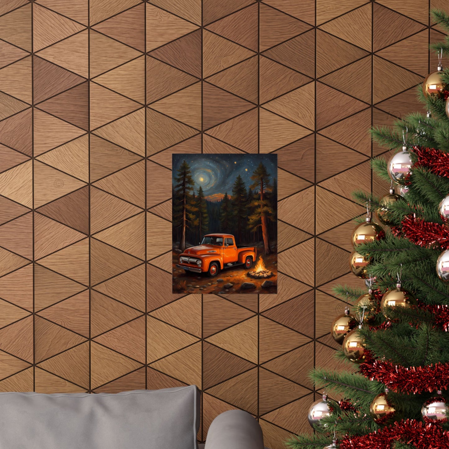 Vintage Truck Camping Poster featuring an orange truck surrounded by trees and a starry night sky