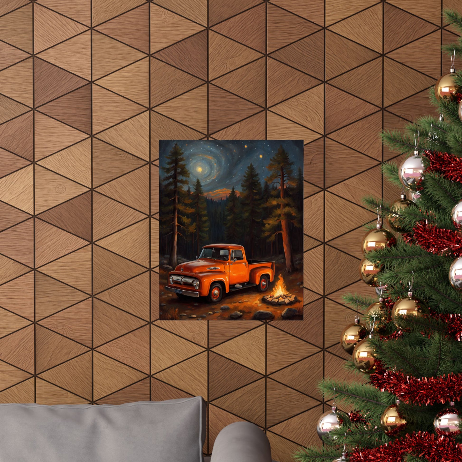 Vintage Truck Camping Poster featuring an orange truck in a forest setting with a campfire