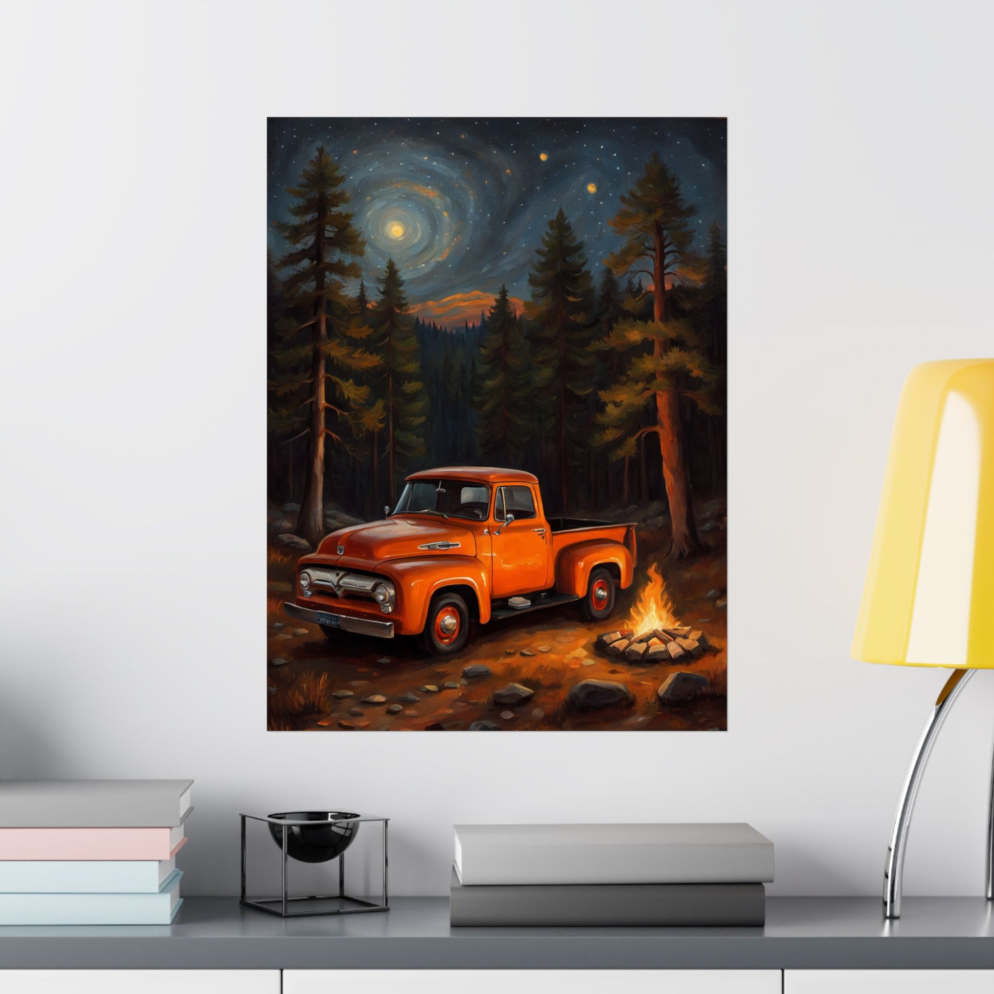 Vintage Truck Camping Poster featuring a bright orange truck by a campfire in a forest setting