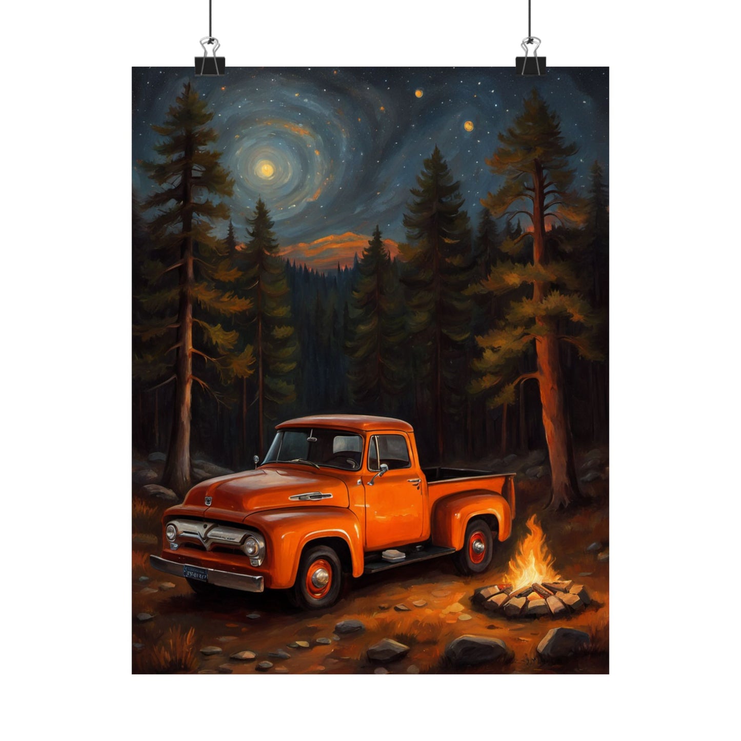 Vintage Truck Camping Poster featuring an orange truck in a forest with a campfire and starry night sky