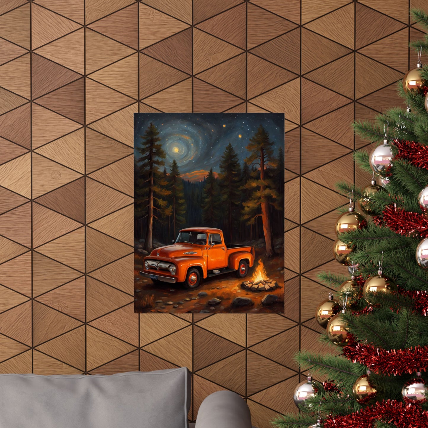 Vintage Truck Camping Poster featuring an orange truck in a forest with a starry sky