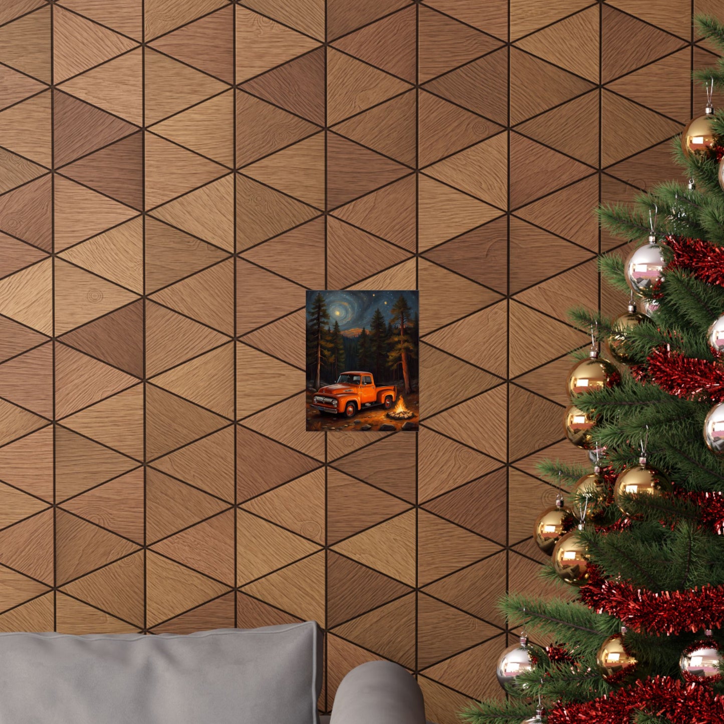 Vintage Truck Camping Poster hanging on a geometric patterned wall beside a decorated Christmas tree