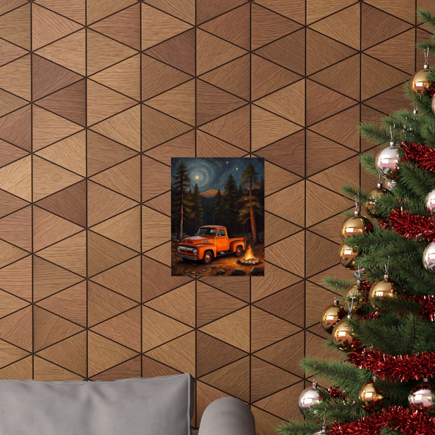 Vintage Truck Camping Poster on a wooden wall with a cozy holiday setting and decorated Christmas tree