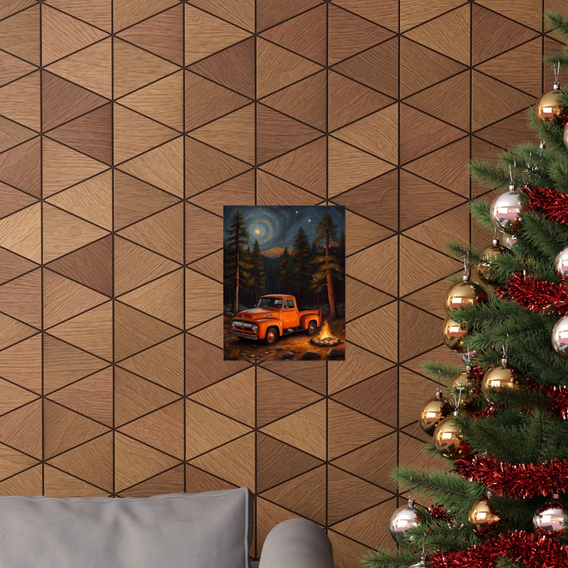 Vintage Truck Camping Poster on a wooden wall with a cozy holiday setting and decorated Christmas tree