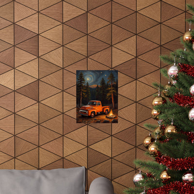 Vintage Truck Camping Poster on a wooden wall with a cozy holiday setting and decorated Christmas tree