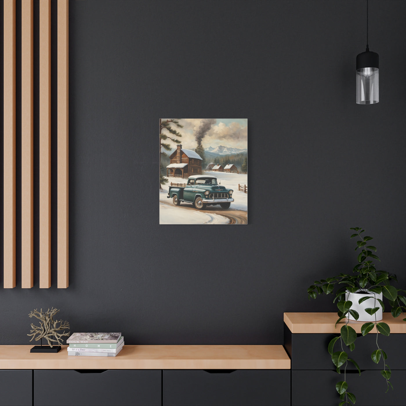Vintage Truck Canvas Wall Art featuring a classic green truck in a snowy landscape