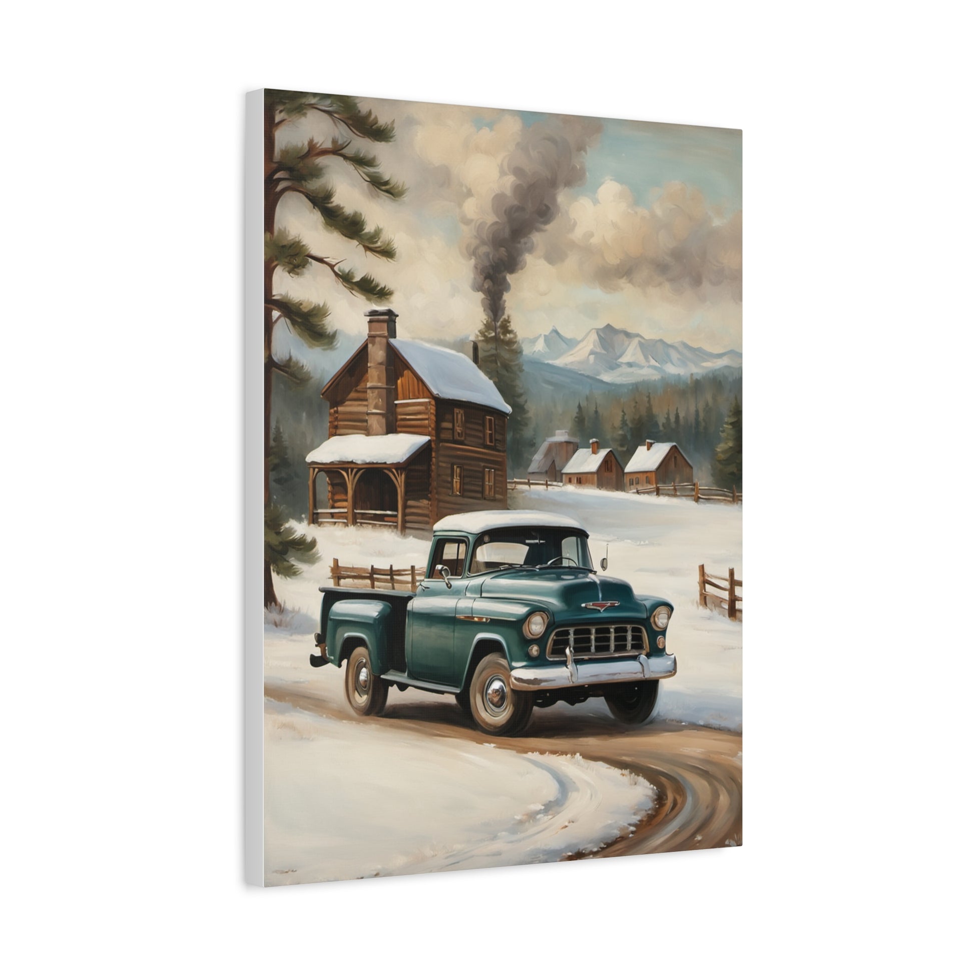 Vintage Truck Canvas Wall Art featuring a classic truck driving in a snowy landscape with a cabin