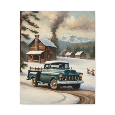 Vintage Truck Canvas Wall Art featuring a retro truck in a snowy landscape with mountains