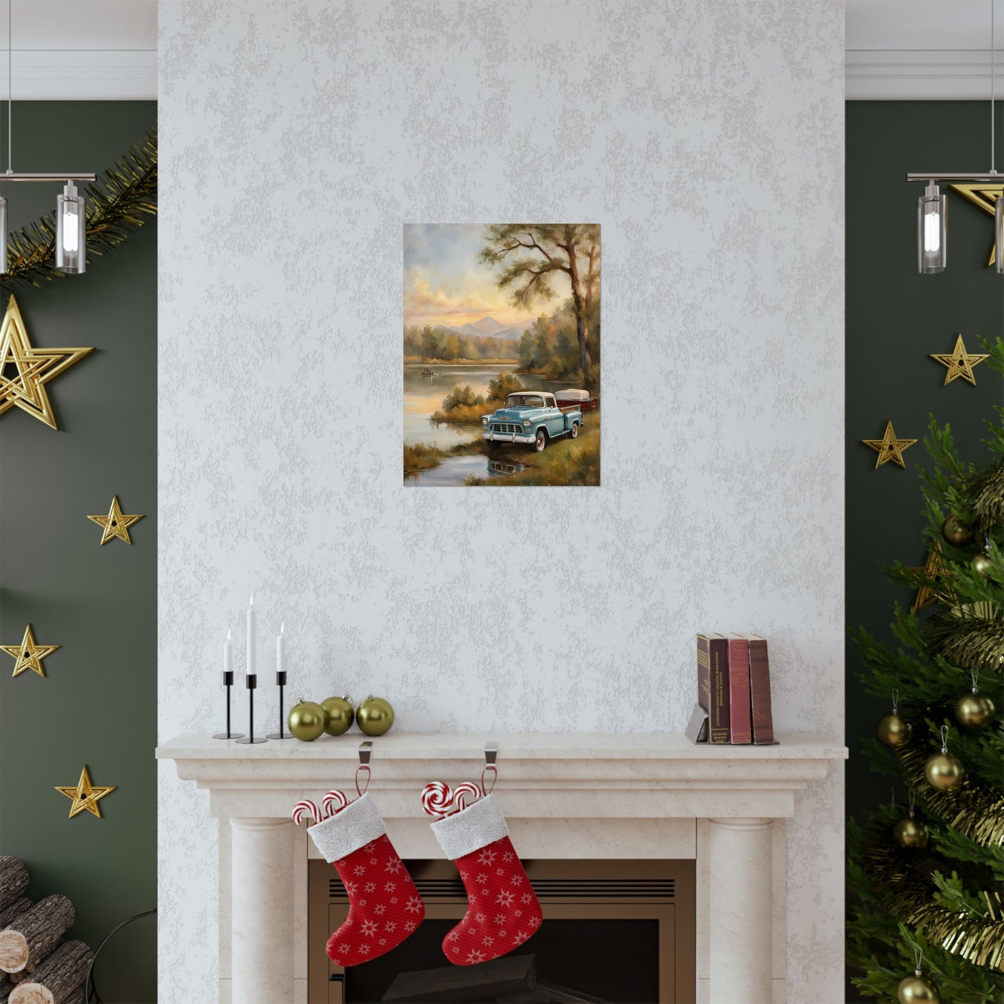 Vintage Truck Landscape Art poster displayed above a modern fireplace in a cozy living room setting