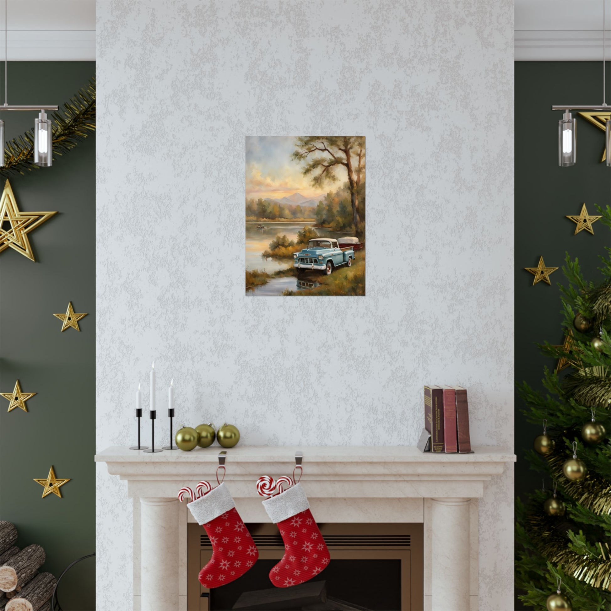 Vintage Truck Landscape Art poster displayed above a modern fireplace in a cozy living room setting