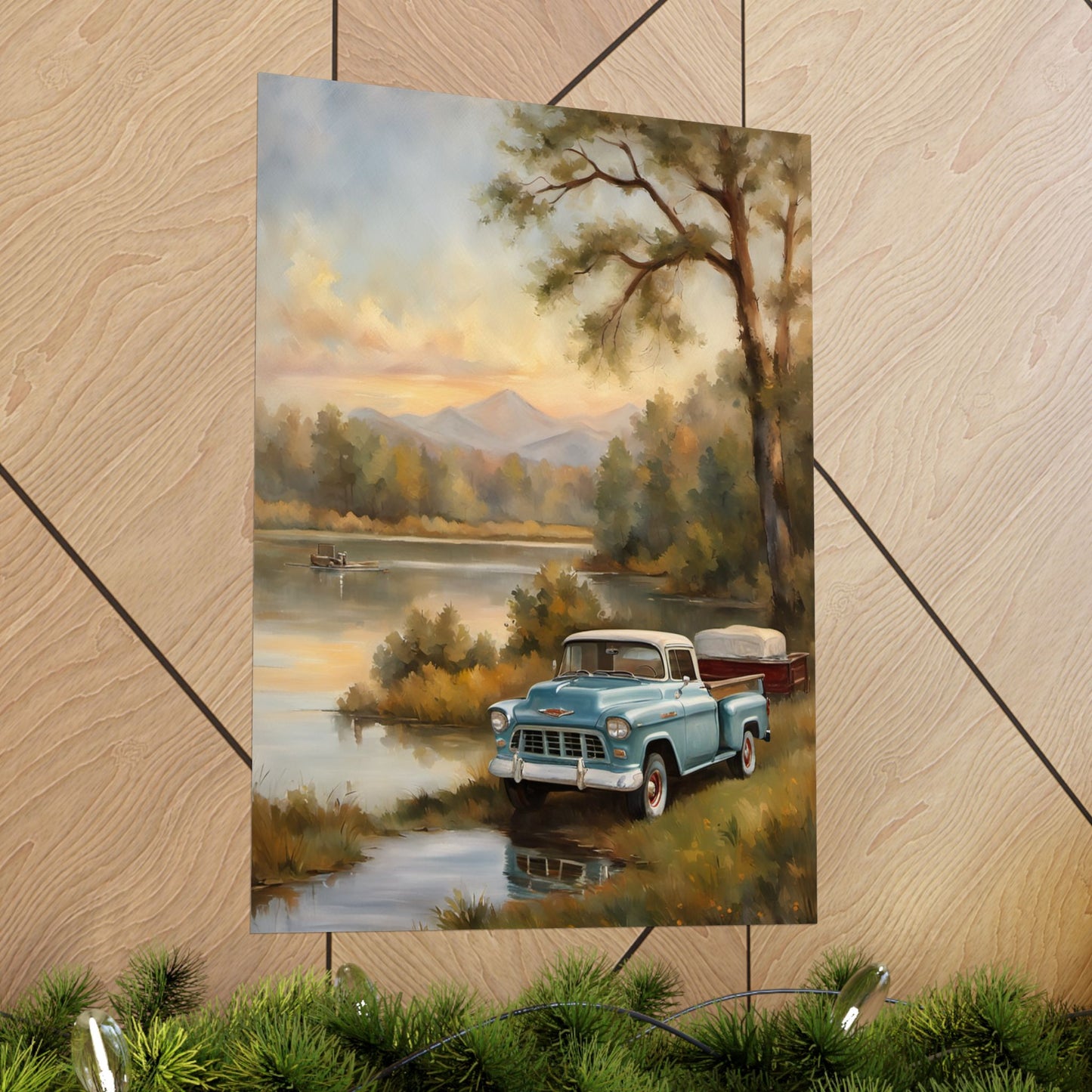 Vintage Truck Landscape Art featuring a classic blue truck by a serene lakeside at sunset