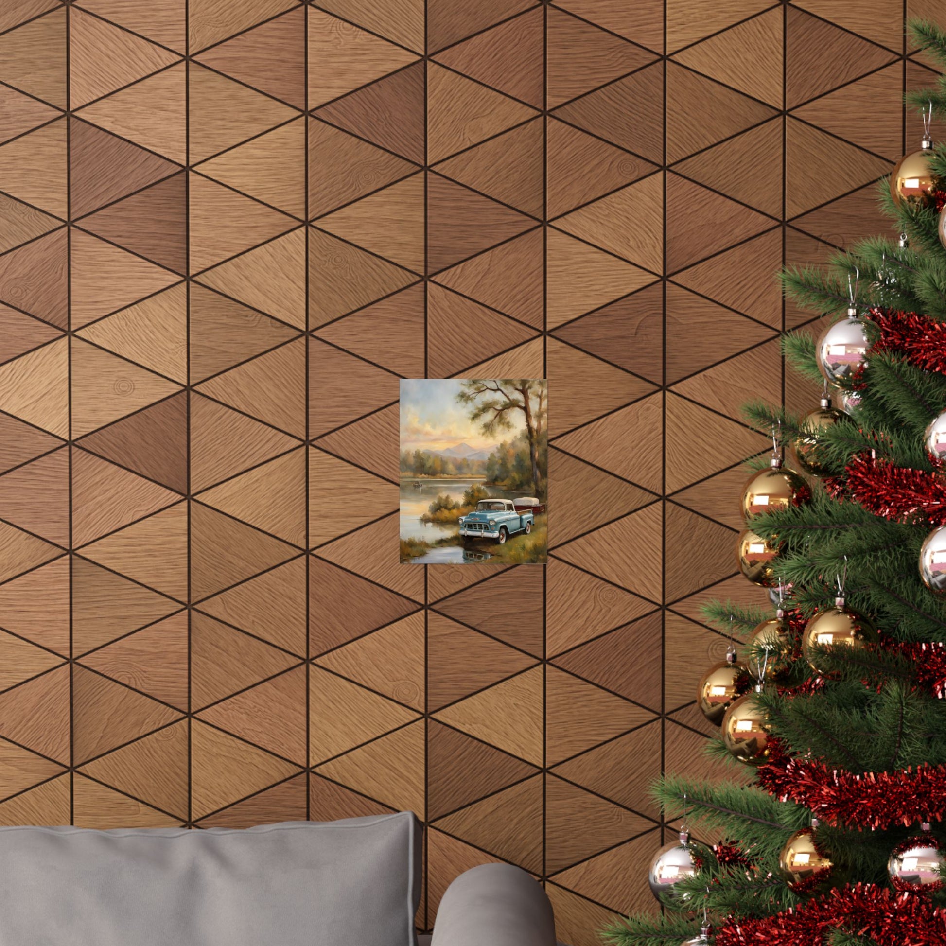 Vintage Truck Landscape Art poster displayed on a wooden patterned wall with a Christmas tree nearby