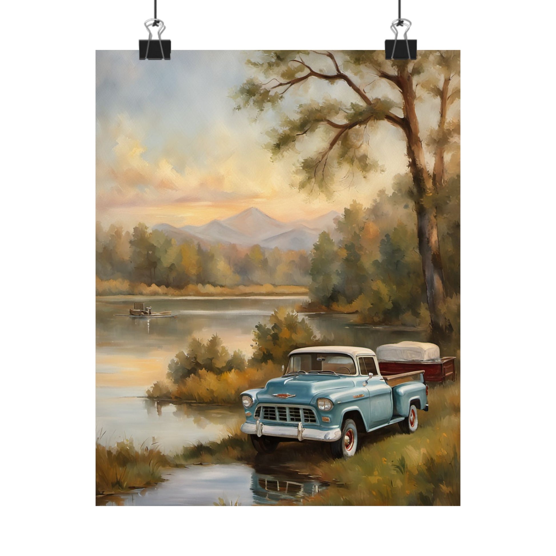 Vintage Truck Landscape Art featuring a classic blue truck near a serene lake and mountains in the background