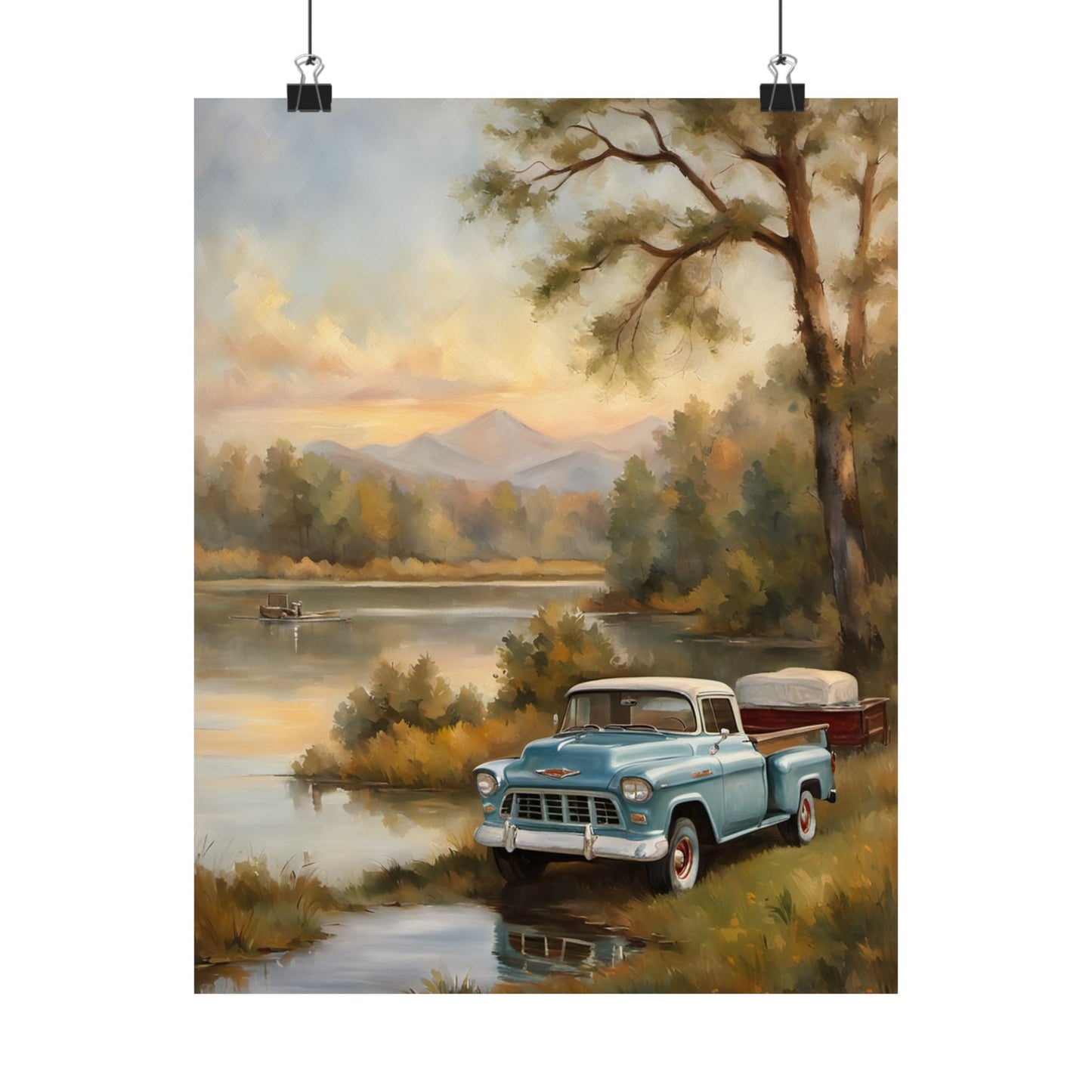 Vintage Truck Landscape Art featuring a classic blue truck by a serene lake and mountains in the background